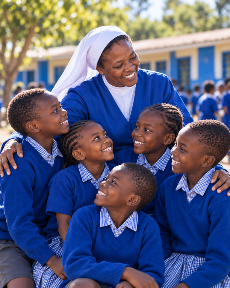 Illustration of a smiling Sister with students, representing the Kenya mission