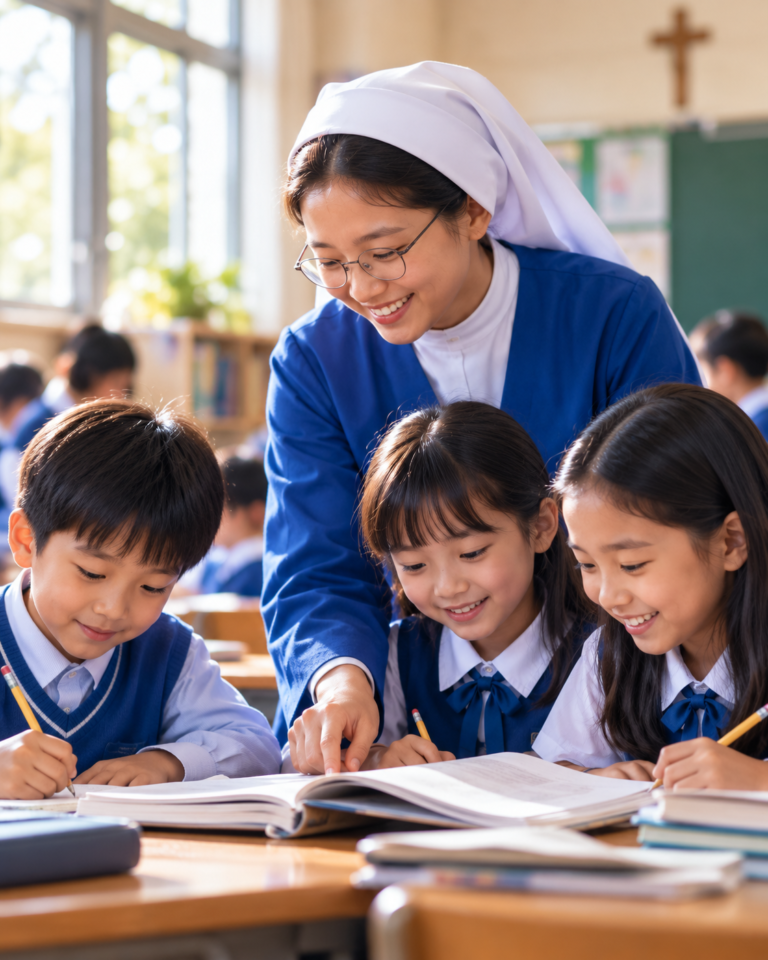 Illustration of students and learning, representing the Korea mission